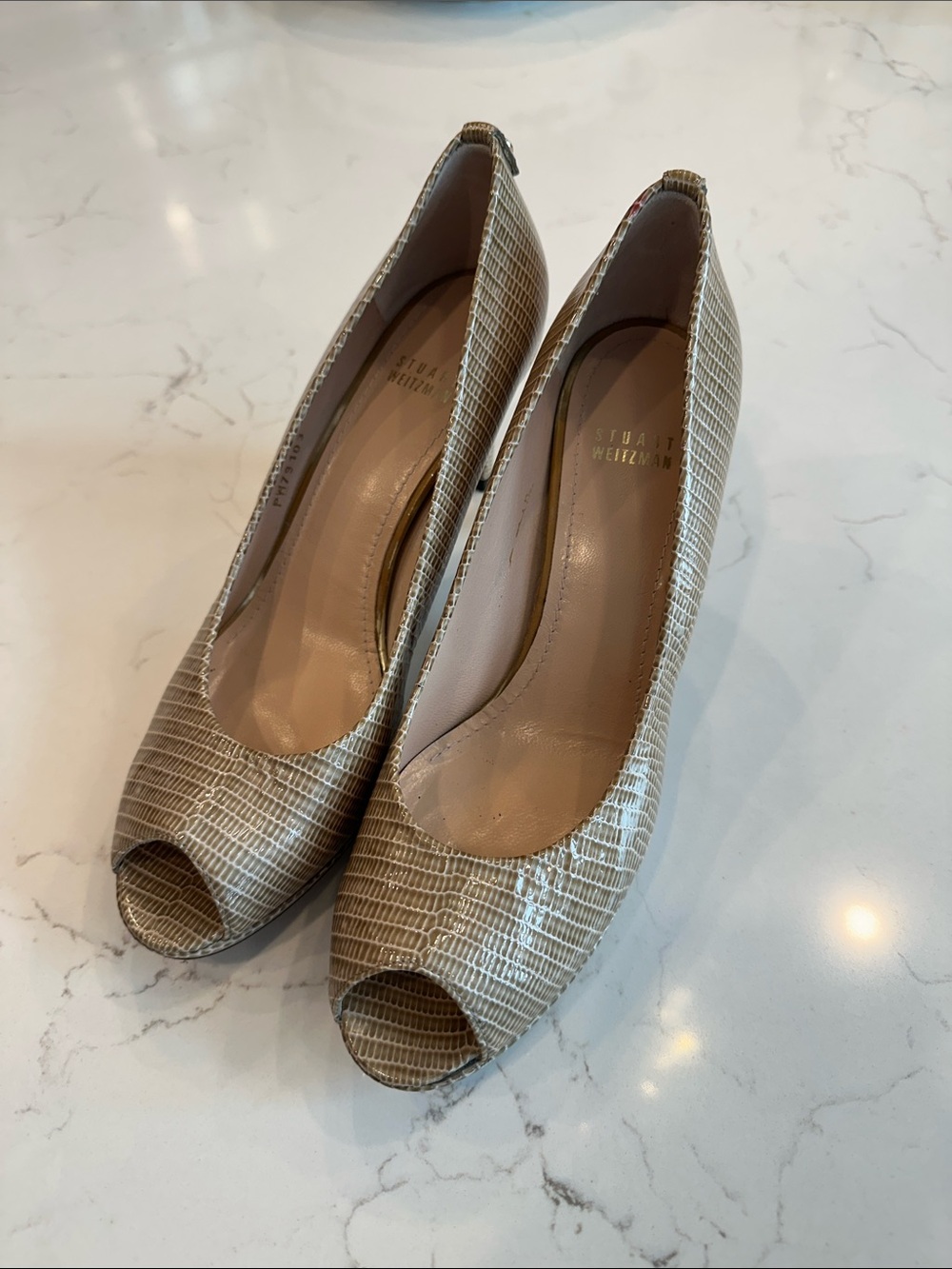 Stuart Weitzman Neutral Textured Peep-Toe Pumps